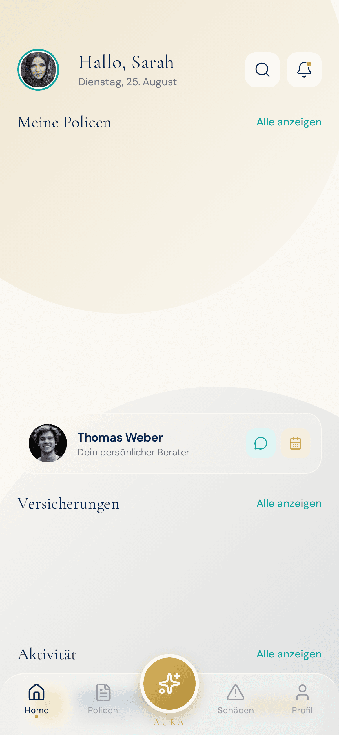 AURA Dashboard, leeres Profil