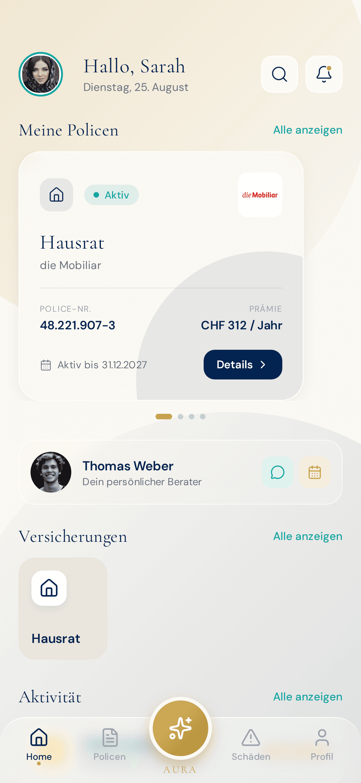 AURA Dashboard mit 1 Policen