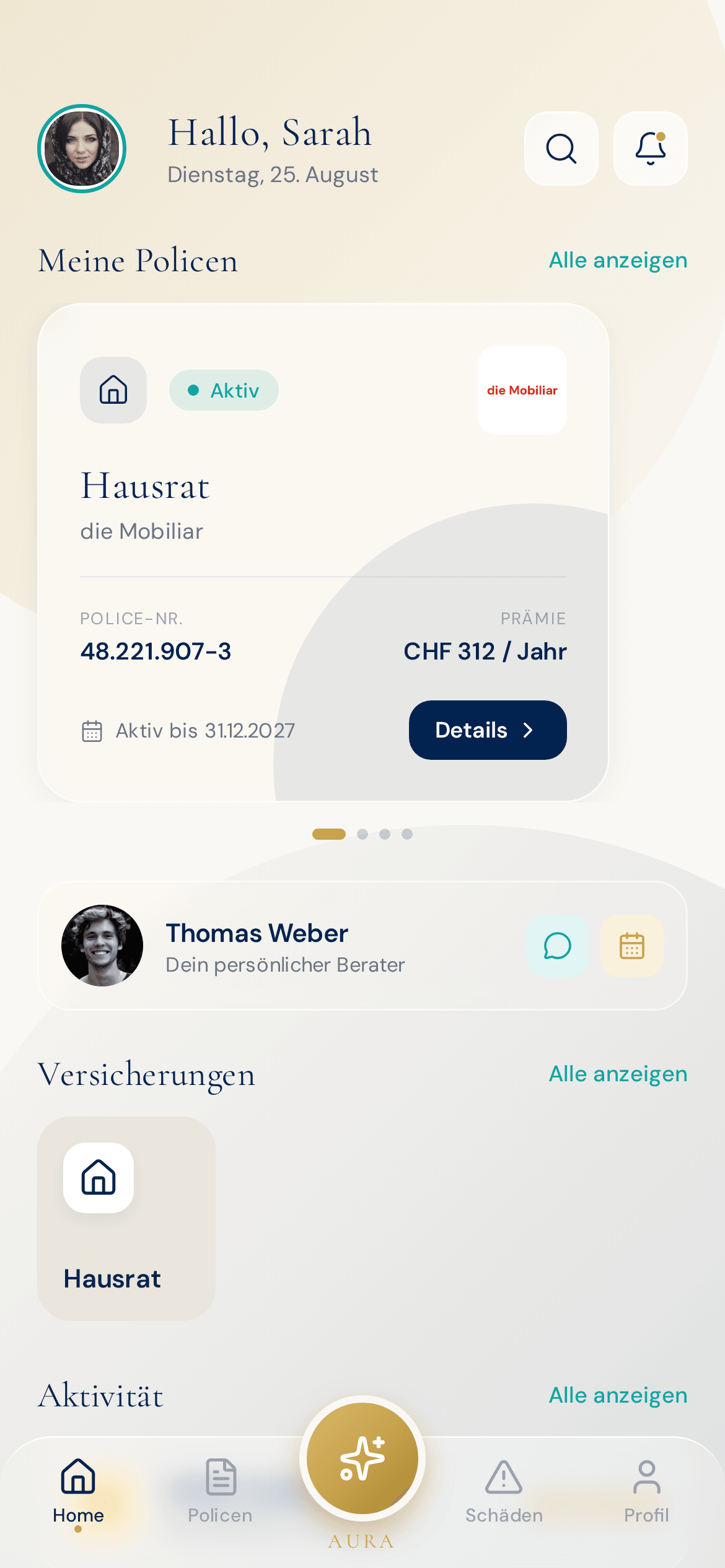 AURA Dashboard mit 1 Policen