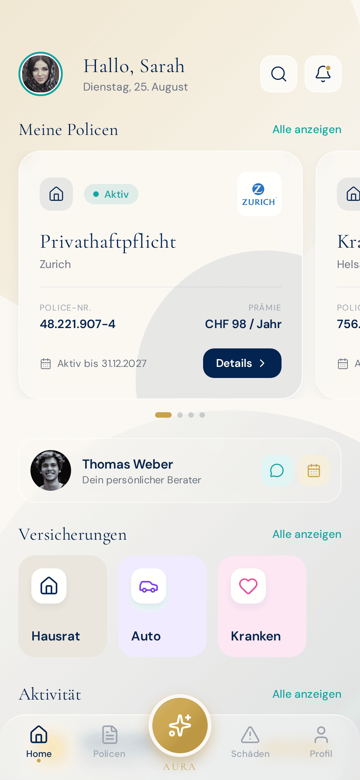 AURA Dashboard mit 4 Policen