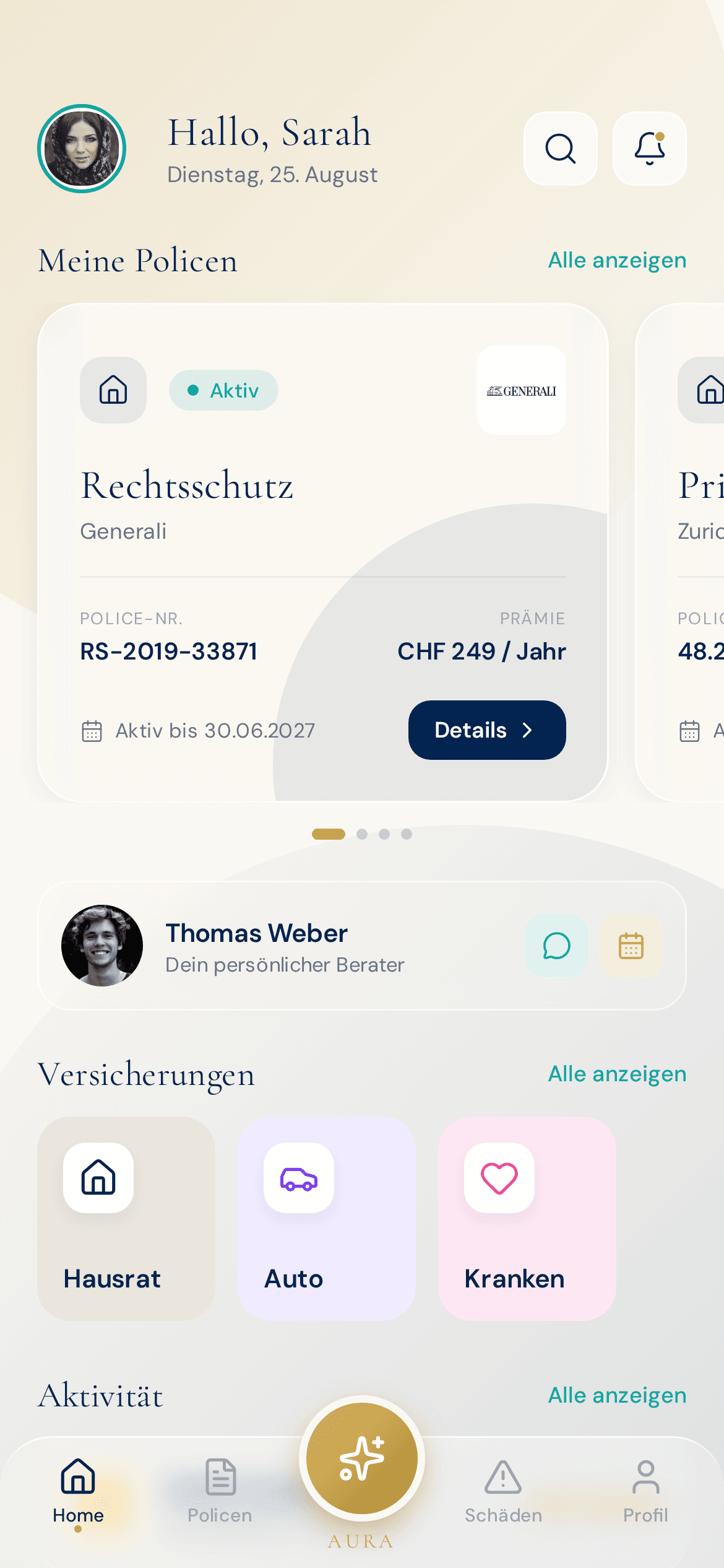 AURA Dashboard mit 5 Policen