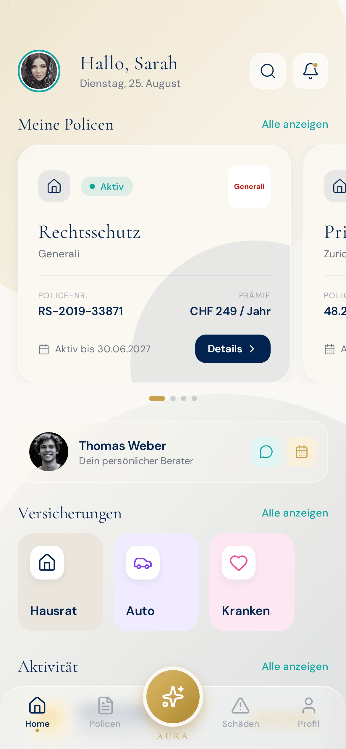 AURA Dashboard mit 5 Policen