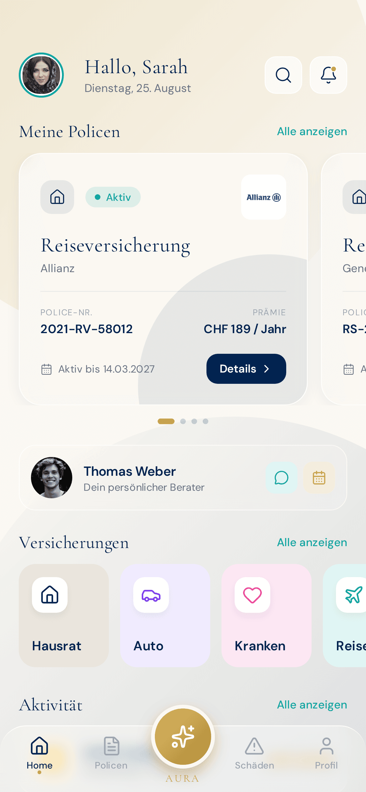 AURA Dashboard mit 6 Policen