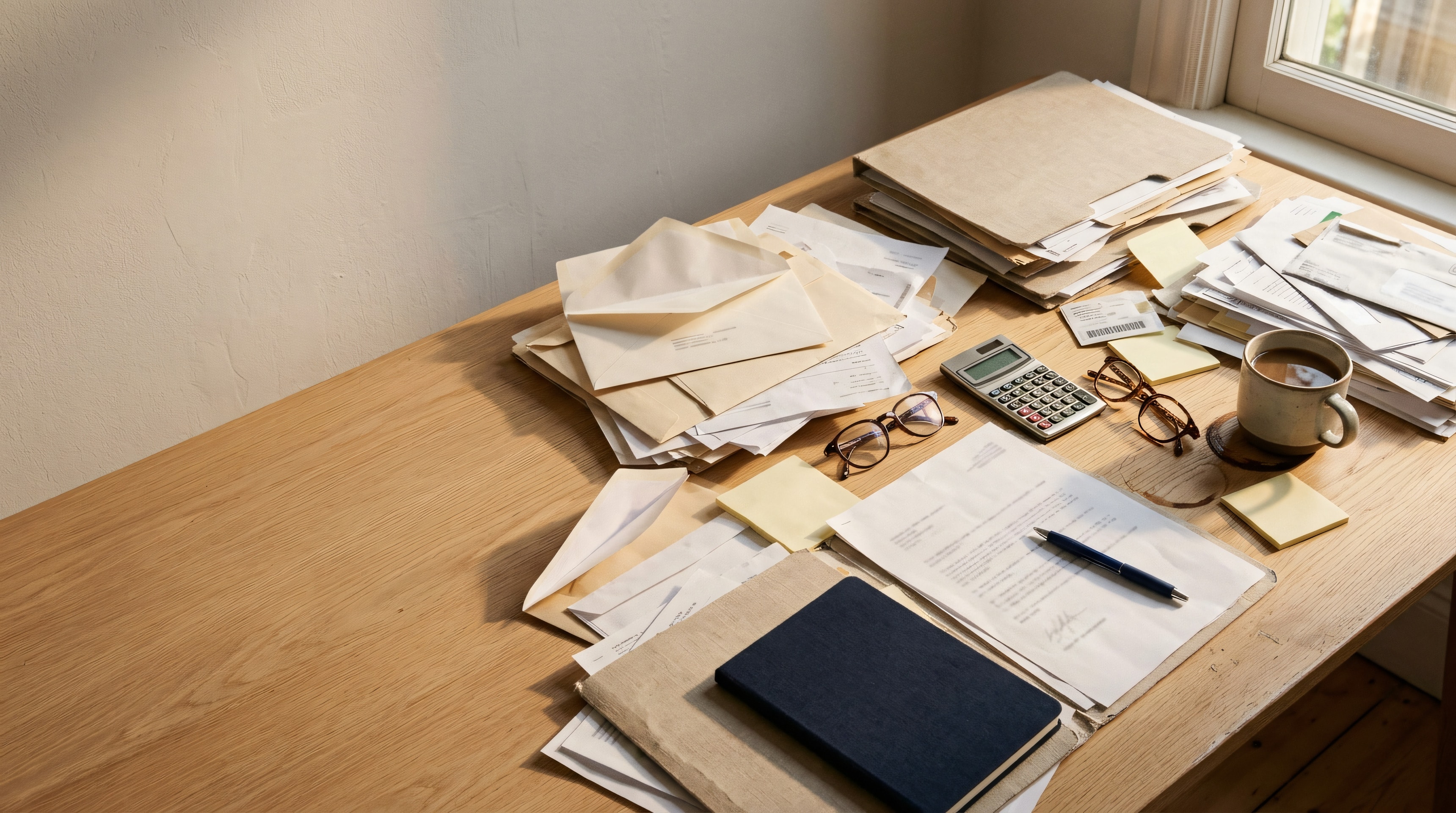 Schreibtisch voller Versicherungsbriefe, Couverts und Notizen