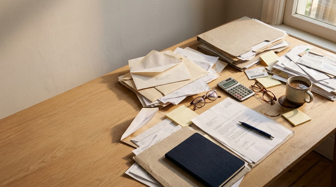 Schreibtisch voller Versicherungsbriefe, Couverts und Notizen