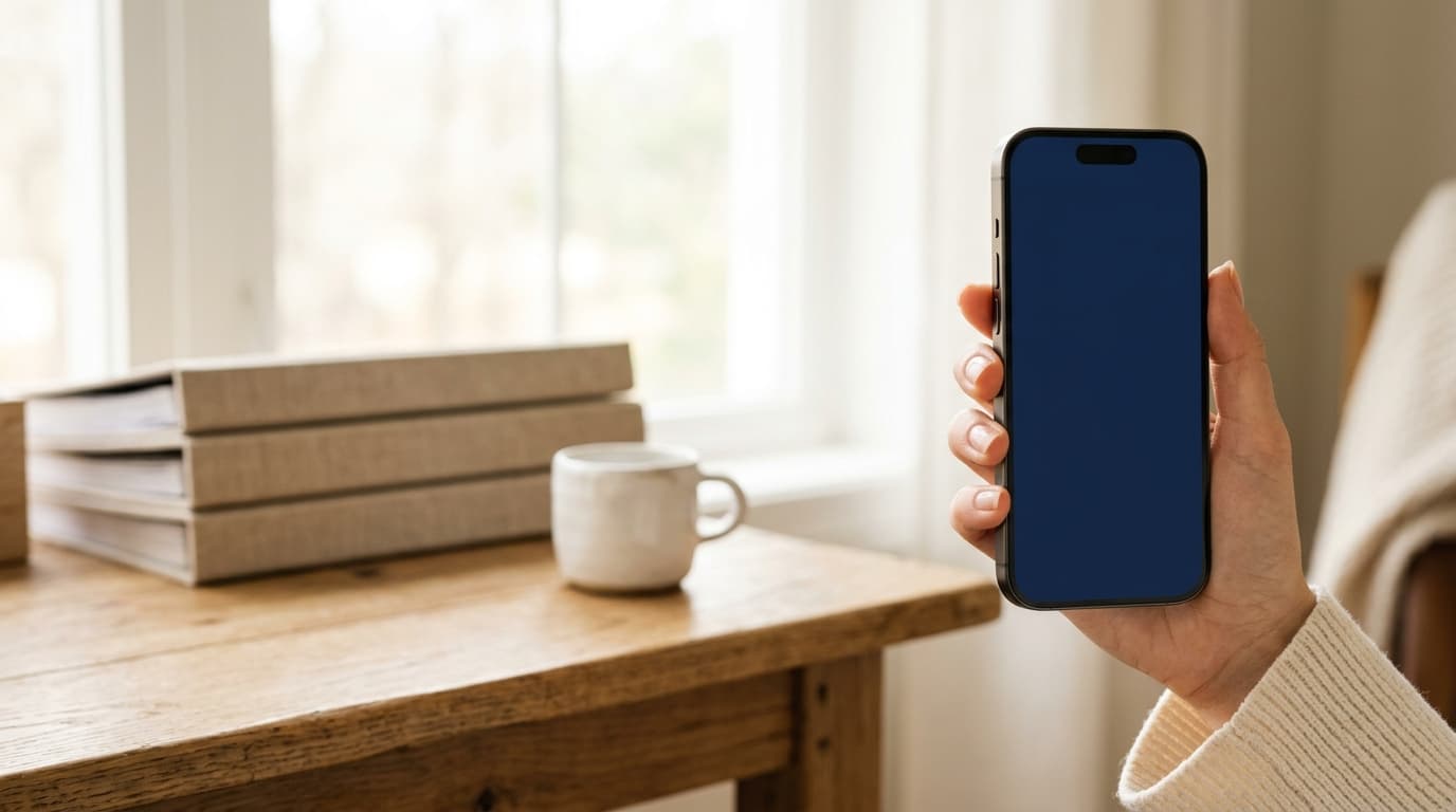 Eine Hand hält ein Smartphone über einem Holztisch