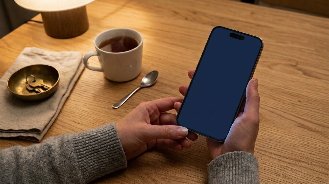Hände halten ein Smartphone mit der AURA-App über einem Küchentisch am Abend