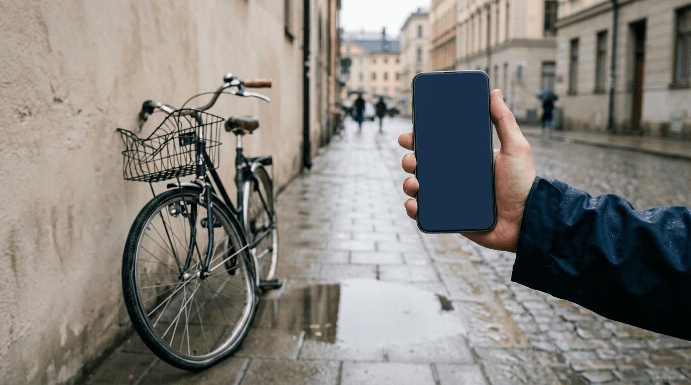 Eine Hand hält ein Smartphone, im Hintergrund ein beschädigtes Velo auf nassem Pflaster