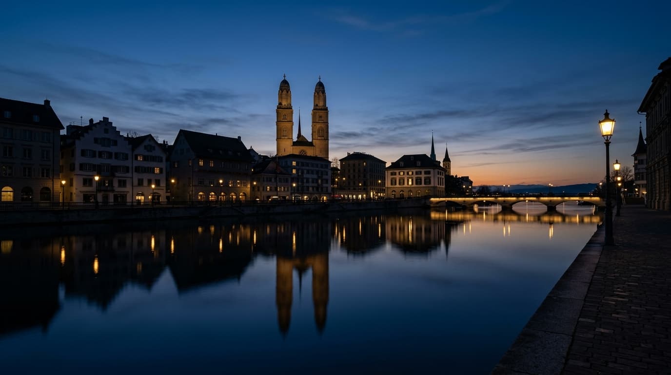 Zürich zur blauen Stunde, Grossmünster spiegelt sich in der Limmat